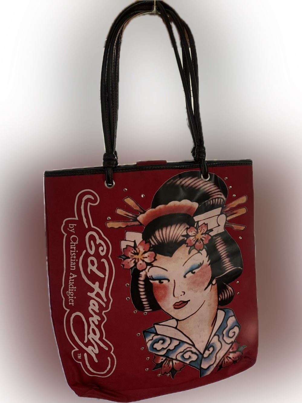 VINTAGE Christian Audigier Red Geisha Studded Tattoo Tote with Black Handles.